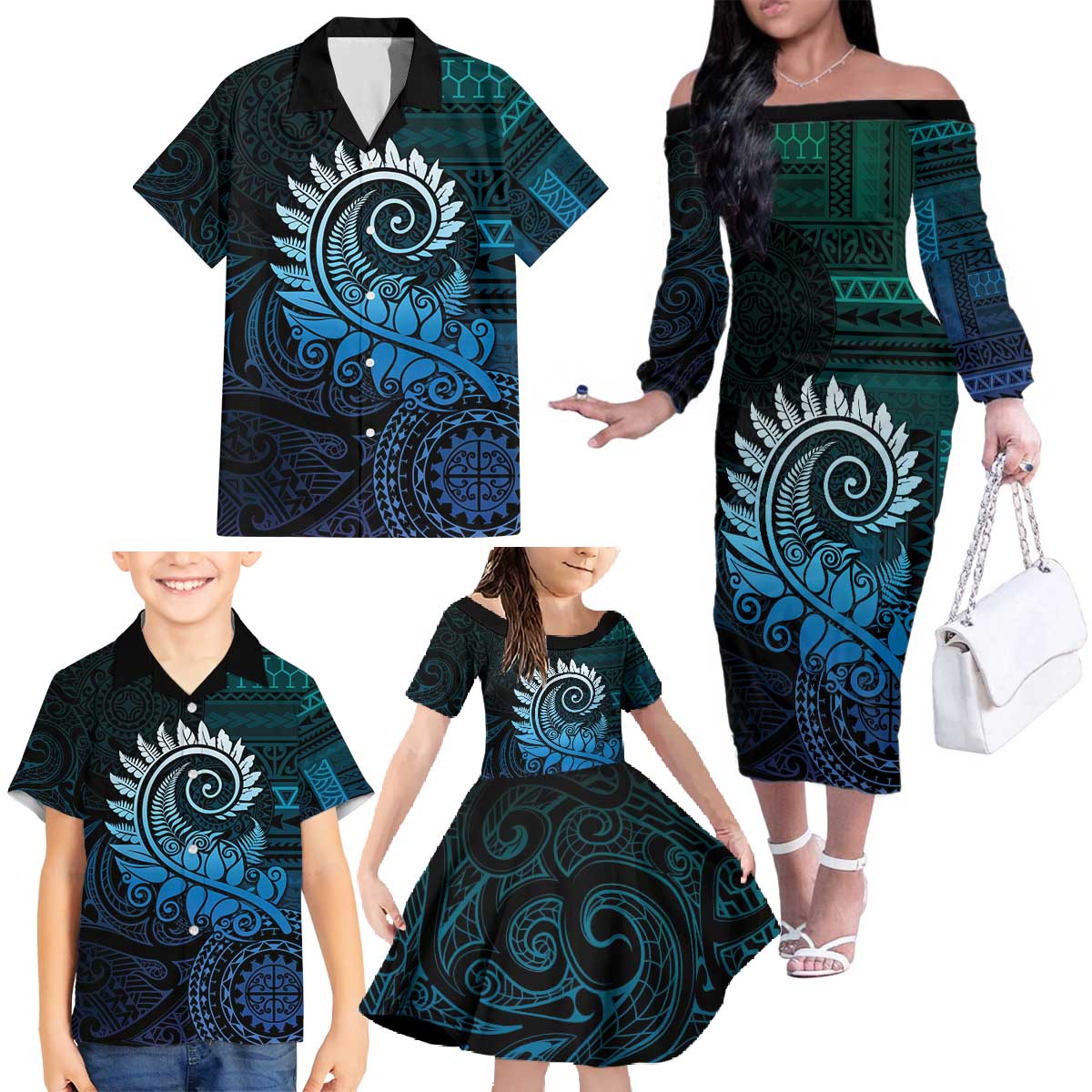 New Zealand Maori Koru Fern Family Matching Off The Shoulder Long Sleeve Dress and Hawaiian Shirt Spiral Polynesian Style Aqua Gradient LT05 - Polynesian Pride