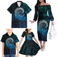 New Zealand Maori Koru Fern Family Matching Off The Shoulder Long Sleeve Dress and Hawaiian Shirt Spiral Polynesian Style Aqua Gradient LT05 - Polynesian Pride