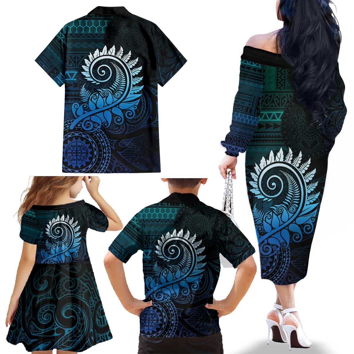 New Zealand Maori Koru Fern Family Matching Off The Shoulder Long Sleeve Dress and Hawaiian Shirt Spiral Polynesian Style Aqua Gradient LT05 - Polynesian Pride