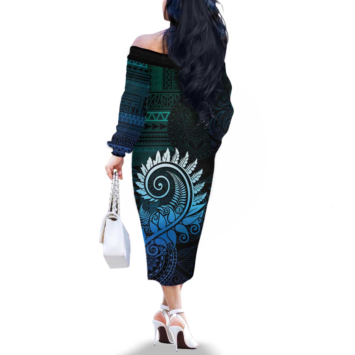New Zealand Maori Koru Fern Family Matching Off The Shoulder Long Sleeve Dress and Hawaiian Shirt Spiral Polynesian Style Aqua Gradient LT05 - Polynesian Pride