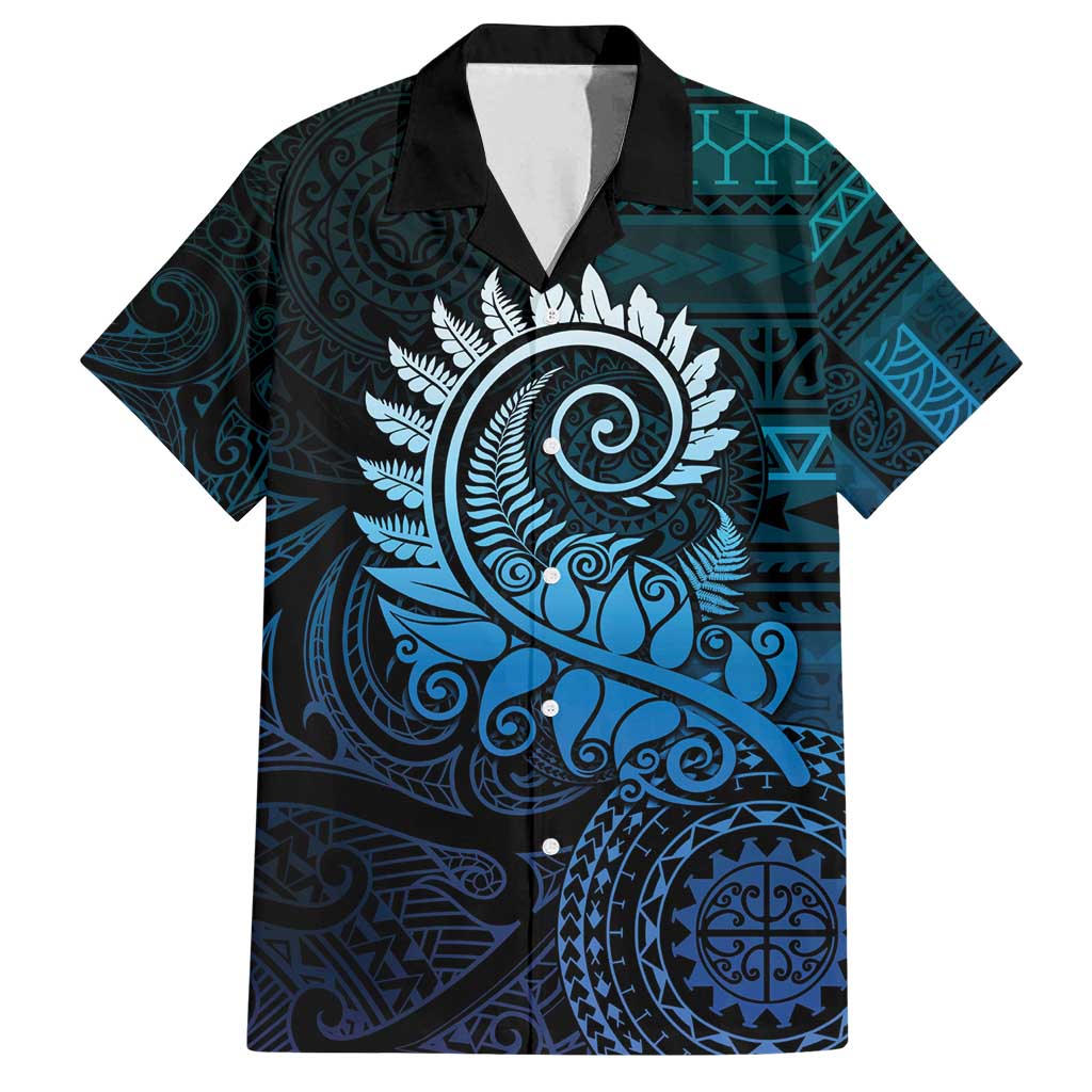New Zealand Maori Koru Fern Family Matching Off Shoulder Maxi Dress and Hawaiian Shirt Spiral Polynesian Style Aqua Gradient LT05 Dad's Shirt - Short Sleeve Aqua - Polynesian Pride