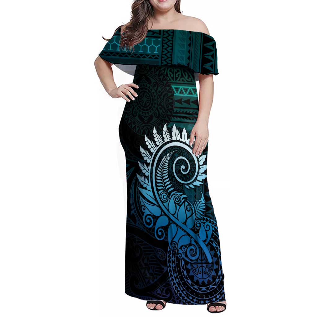 New Zealand Maori Koru Fern Family Matching Off Shoulder Maxi Dress and Hawaiian Shirt Spiral Polynesian Style Aqua Gradient LT05 Mom's Dress Aqua - Polynesian Pride
