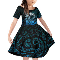 New Zealand Maori Koru Fern Family Matching Off Shoulder Short Dress and Hawaiian Shirt Spiral Polynesian Style Aqua Gradient LT05 Daughter's Dress Aqua - Polynesian Pride
