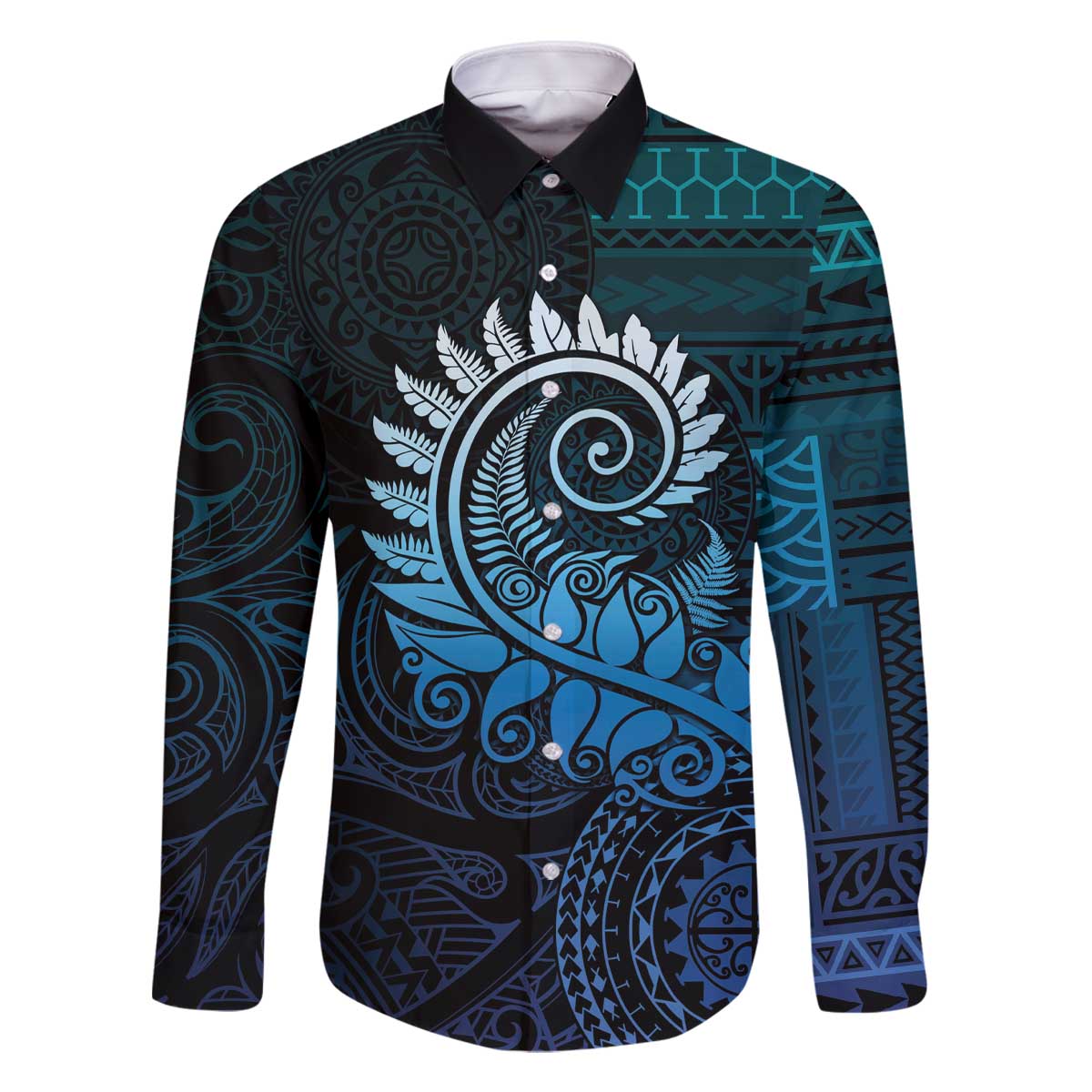 New Zealand Maori Koru Fern Family Matching Off Shoulder Short Dress and Hawaiian Shirt Spiral Polynesian Style Aqua Gradient LT05 Dad's Shirt - Long Sleeve Aqua - Polynesian Pride