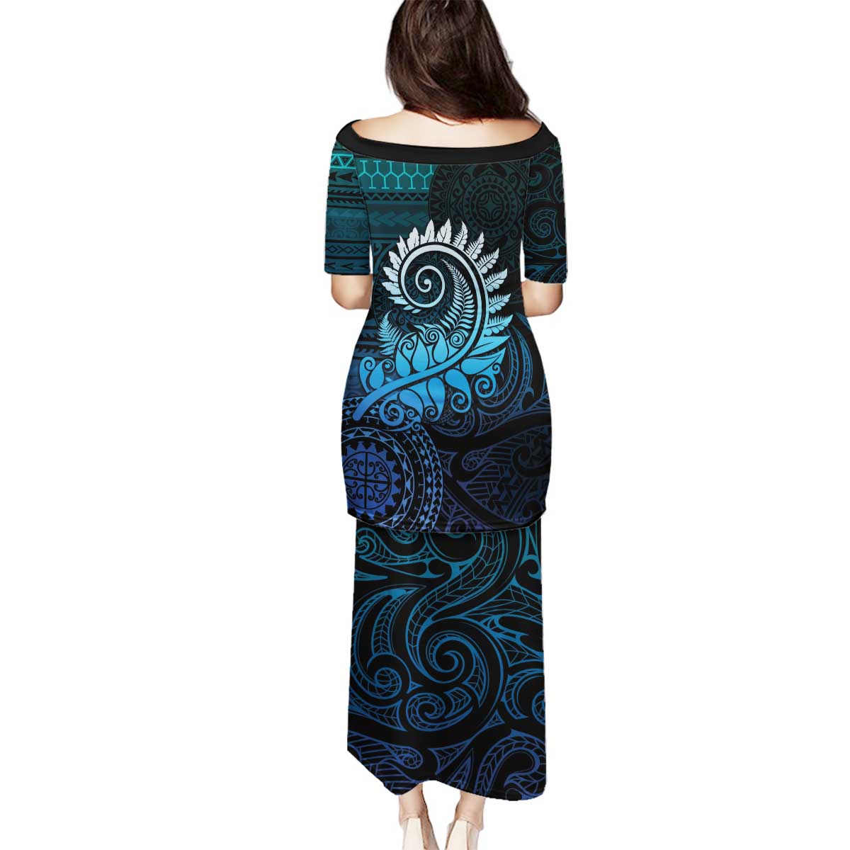 New Zealand Maori Koru Fern Family Matching Puletasi and Hawaiian Shirt Spiral Polynesian Style Aqua Gradient LT05 - Polynesian Pride