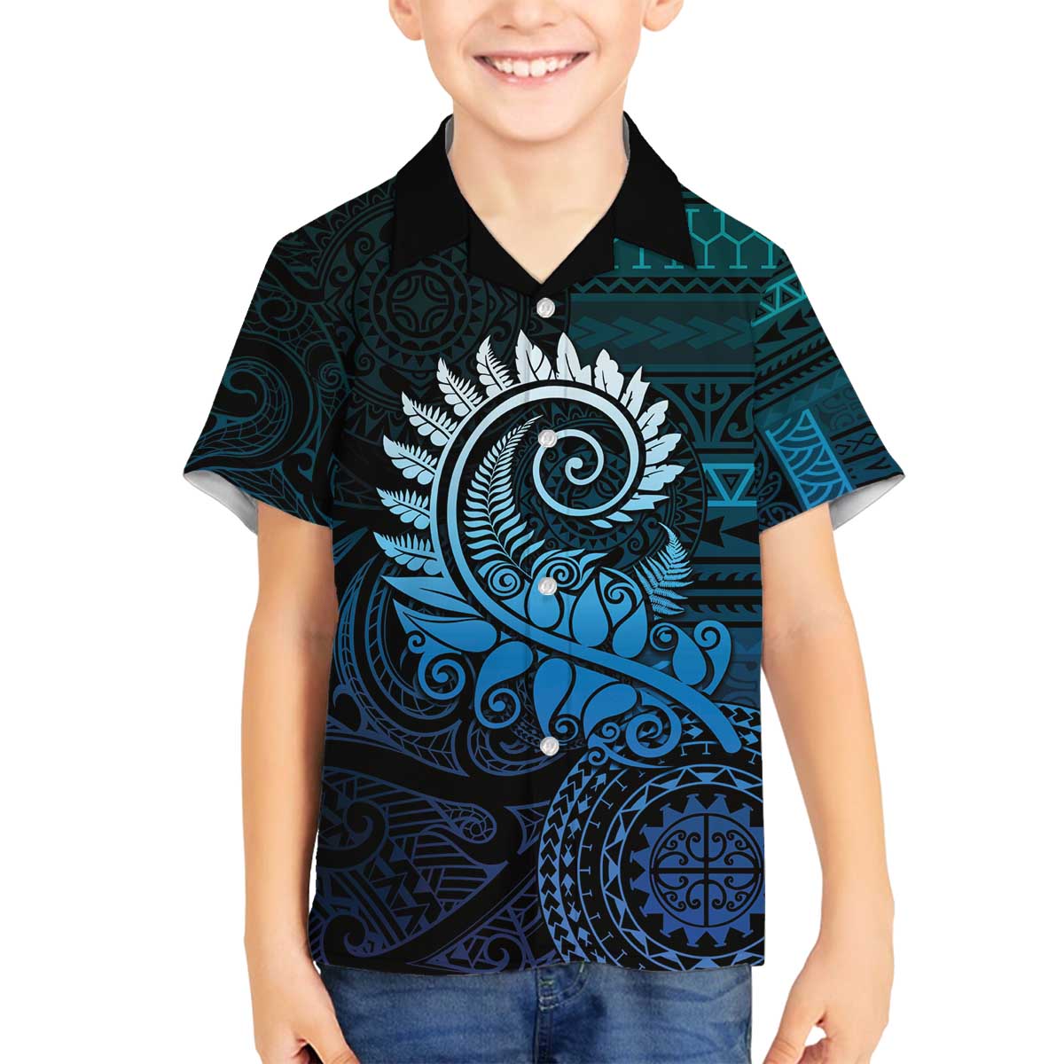 New Zealand Maori Koru Fern Family Matching Puletasi and Hawaiian Shirt Spiral Polynesian Style Aqua Gradient LT05 Son's Shirt Aqua - Polynesian Pride