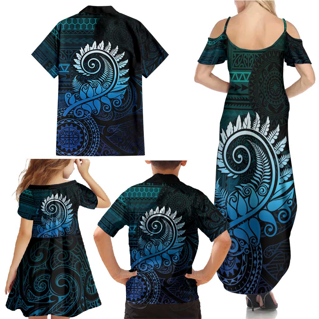 New Zealand Maori Koru Fern Family Matching Summer Maxi Dress and Hawaiian Shirt Spiral Polynesian Style Aqua Gradient LT05 - Polynesian Pride
