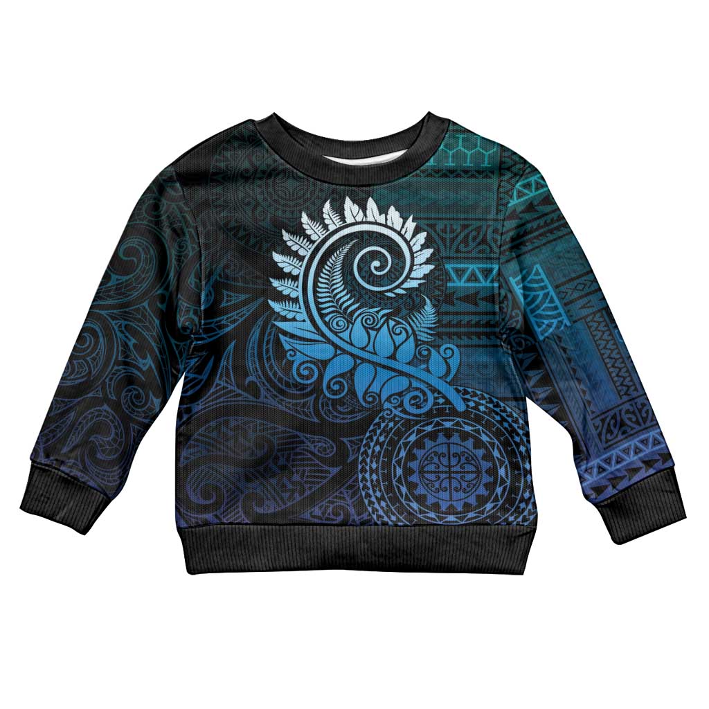 New Zealand Maori Koru Fern Kid Ugly Christmas Sweater Spiral Polynesian Style Aqua Gradient LT05 Kid Aqua - Polynesian Pride
