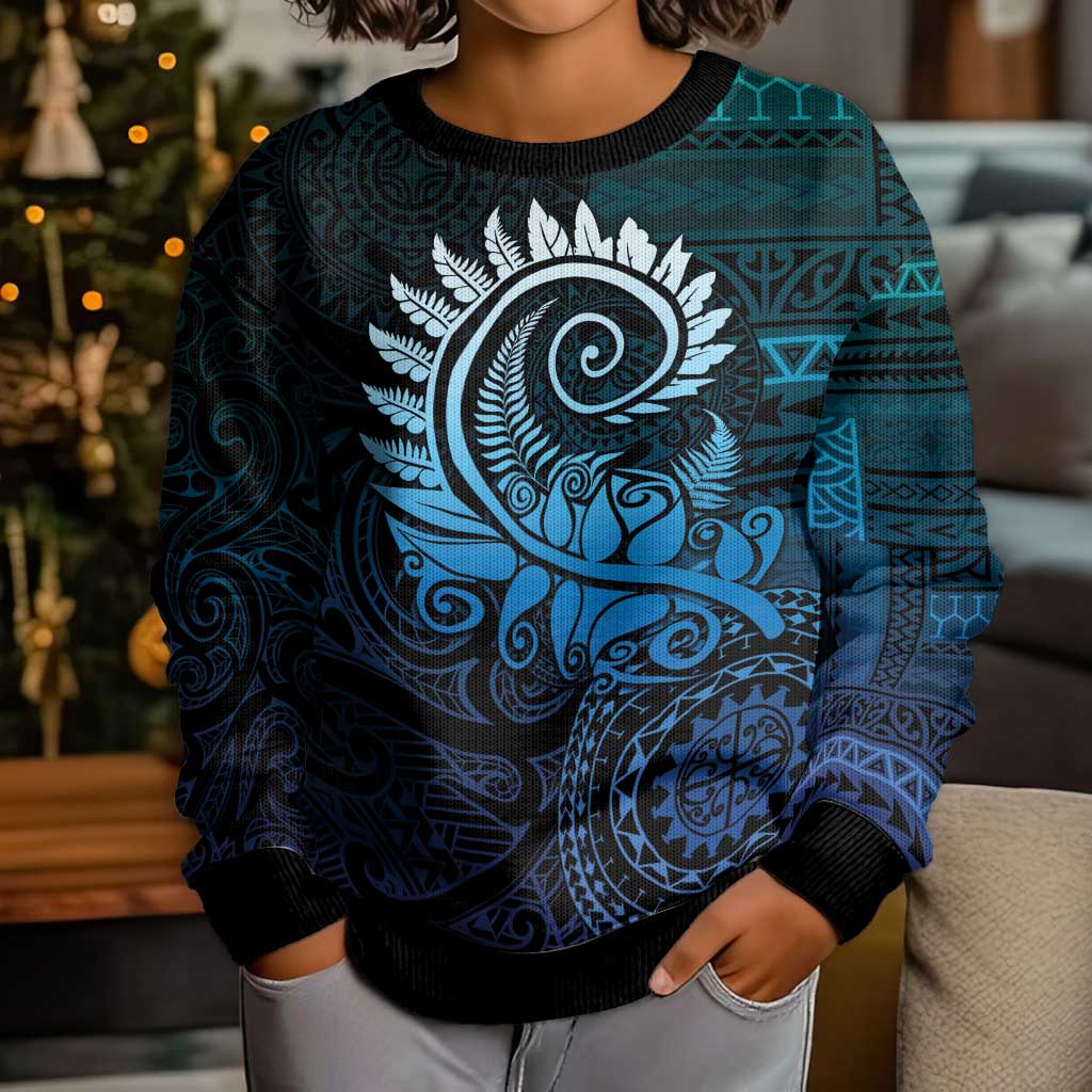New Zealand Maori Koru Fern Kid Ugly Christmas Sweater Spiral Polynesian Style Aqua Gradient LT05 - Polynesian Pride