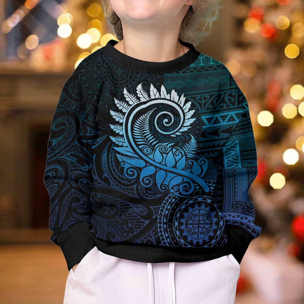 New Zealand Maori Koru Fern Kid Ugly Christmas Sweater Spiral Polynesian Style Aqua Gradient LT05 - Polynesian Pride