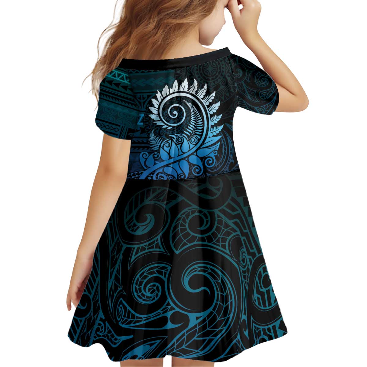 New Zealand Maori Koru Fern Kid Short Sleeve Dress Spiral Polynesian Style Aqua Gradient LT05 - Polynesian Pride