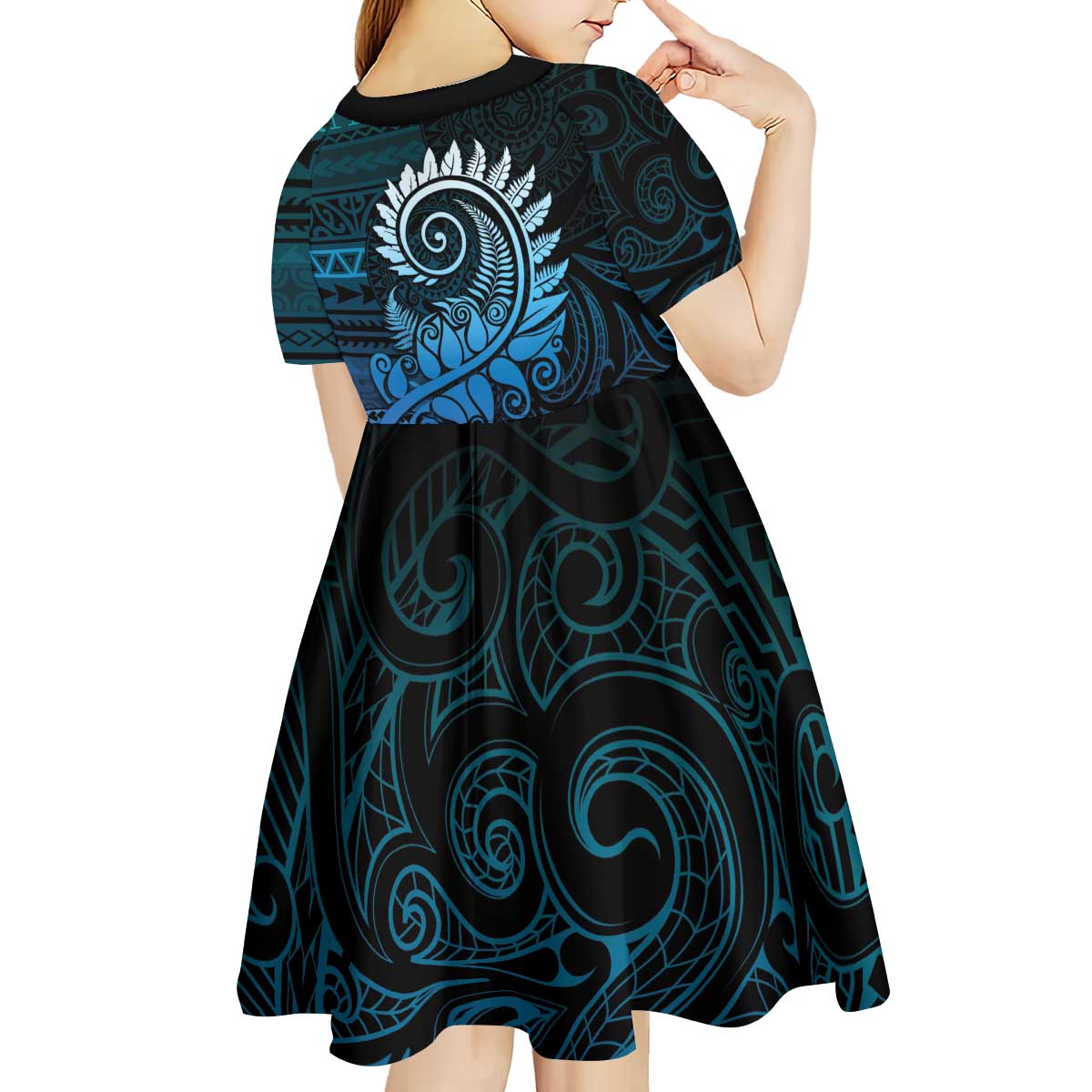 New Zealand Maori Koru Fern Kid Short Sleeve Dress Spiral Polynesian Style Aqua Gradient LT05 - Polynesian Pride