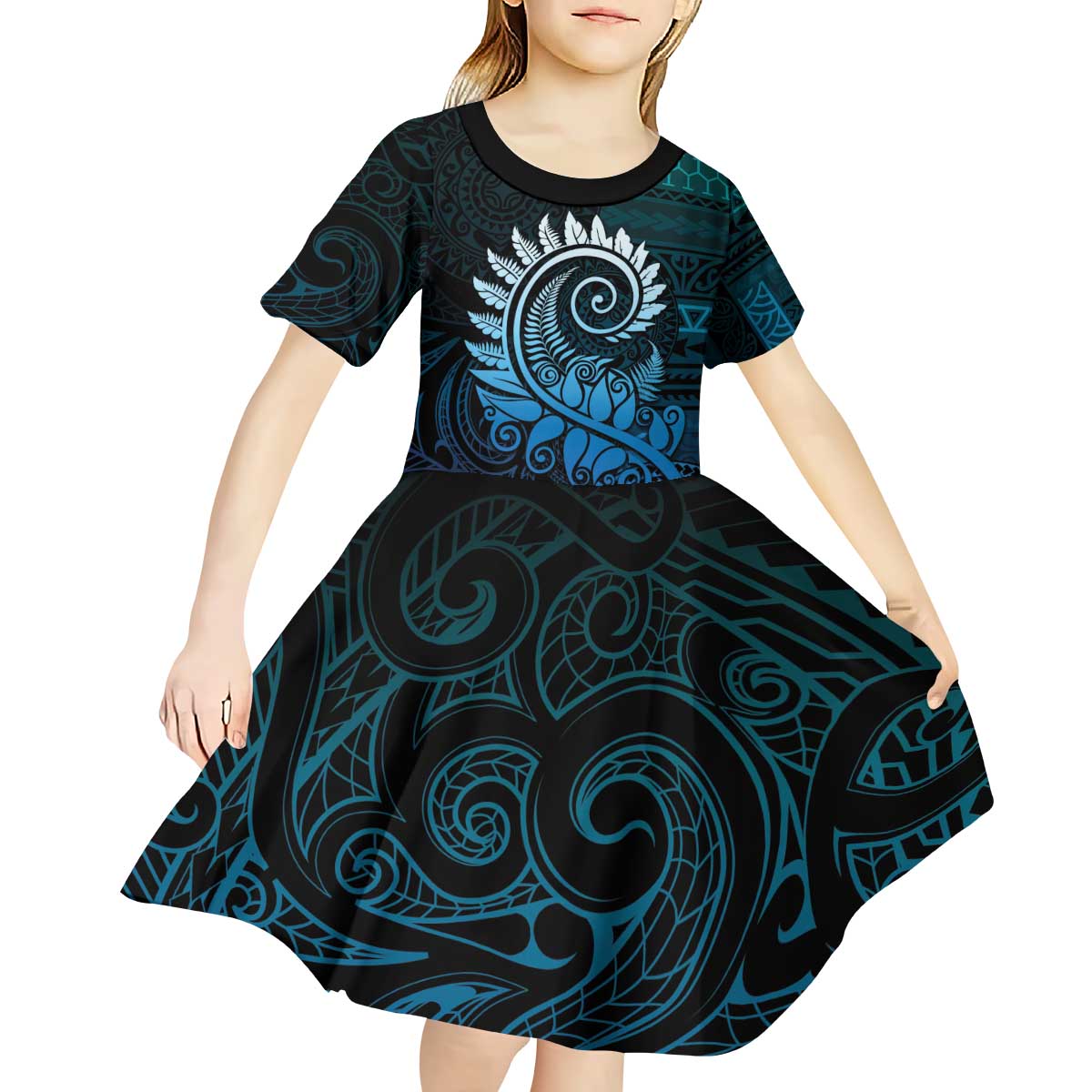 New Zealand Maori Koru Fern Kid Short Sleeve Dress Spiral Polynesian Style Aqua Gradient LT05 - Polynesian Pride