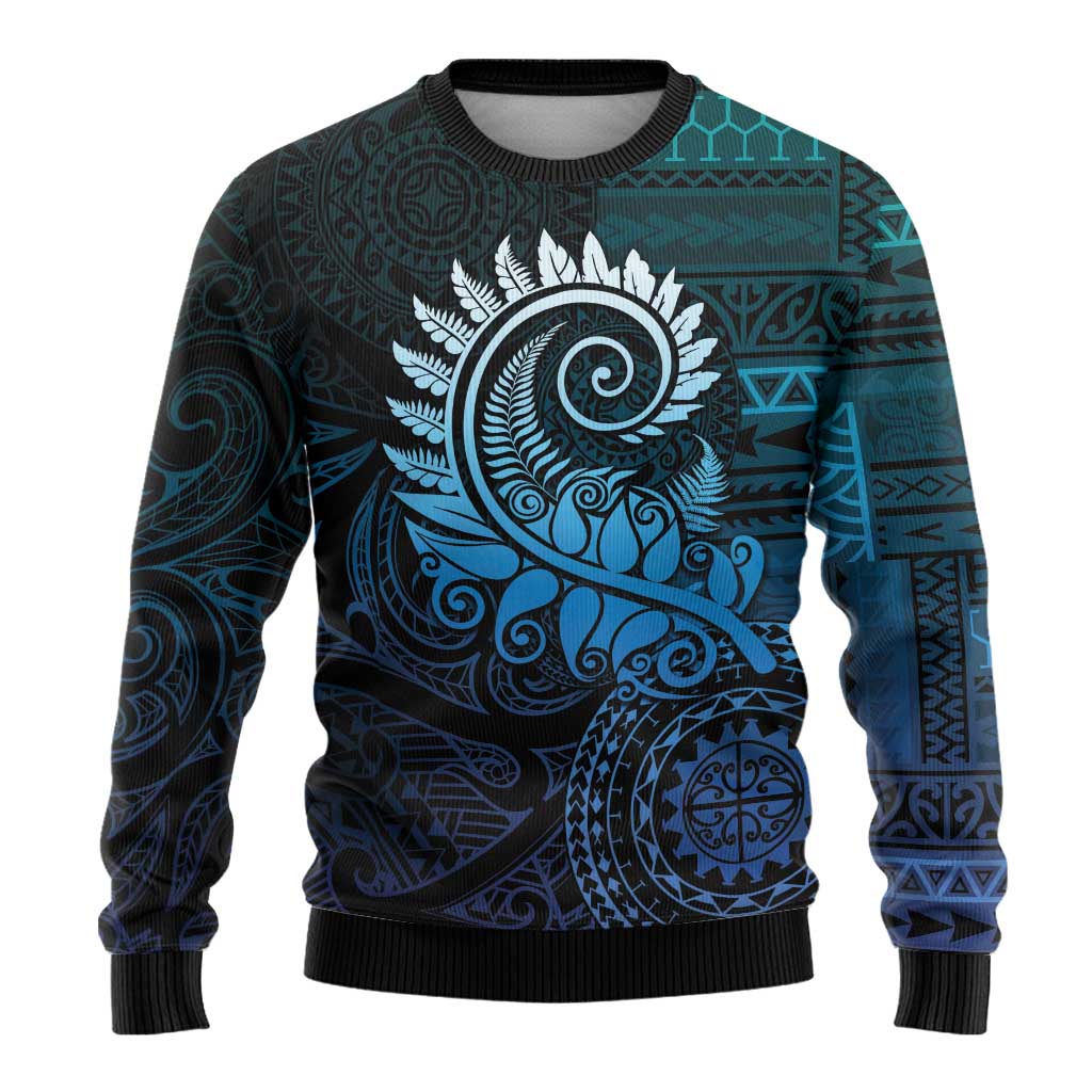 New Zealand Maori Koru Fern Ugly Christmas Sweater Spiral Polynesian Style Aqua Gradient LT05 - Polynesian Pride