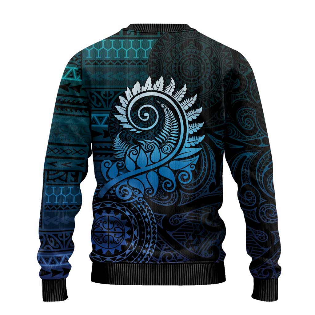 New Zealand Maori Koru Fern Ugly Christmas Sweater Spiral Polynesian Style Aqua Gradient LT05 - Polynesian Pride