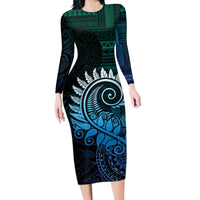New Zealand Maori Koru Fern Long Sleeve Bodycon Dress Spiral Polynesian Style Aqua Gradient LT05 Long Dress Aqua - Polynesian Pride