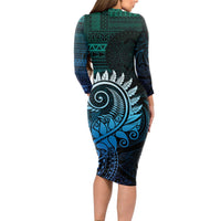 New Zealand Maori Koru Fern Long Sleeve Bodycon Dress Spiral Polynesian Style Aqua Gradient LT05 - Polynesian Pride