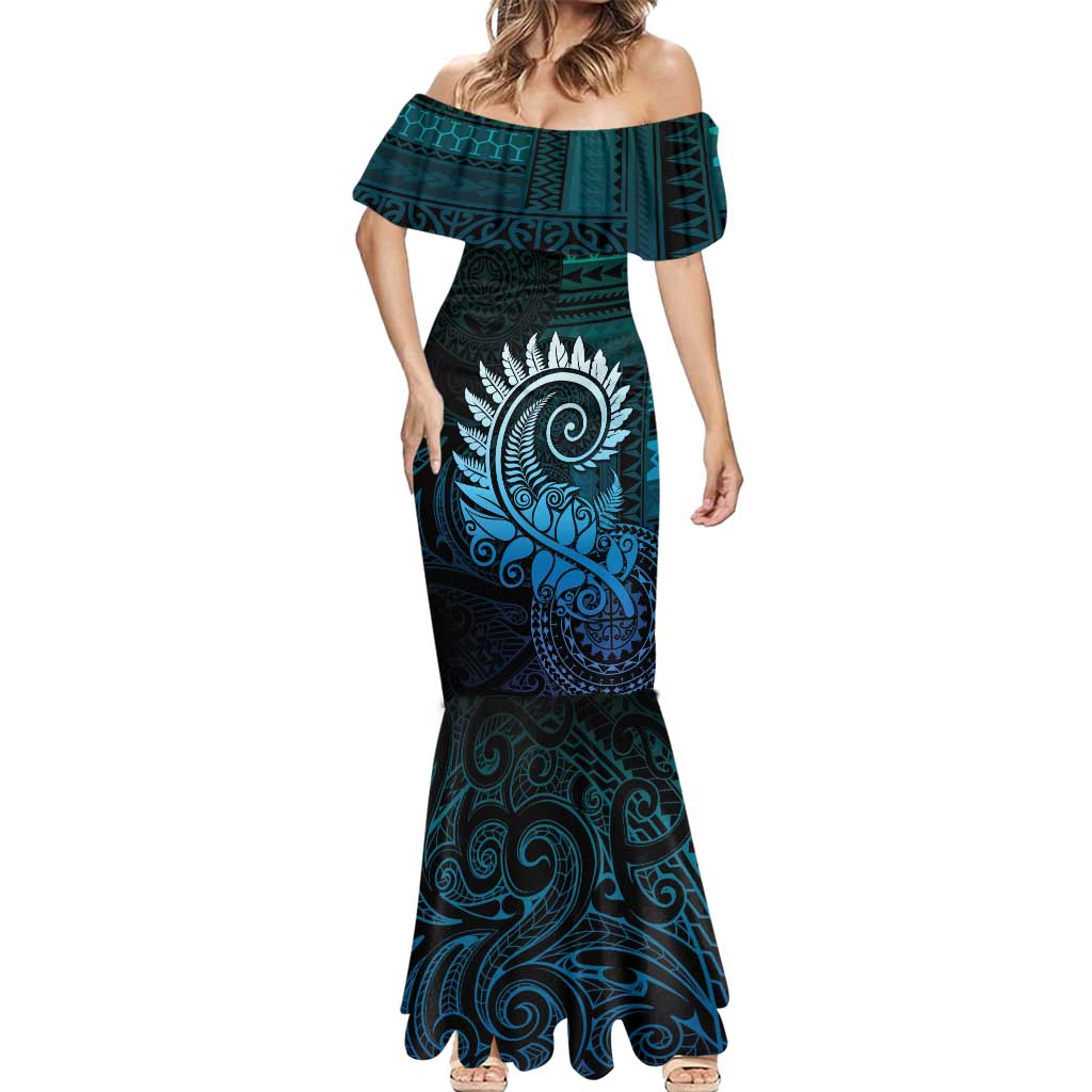 New Zealand Maori Koru Fern Mermaid Dress Spiral Polynesian Style Aqua Gradient LT05 - Polynesian Pride