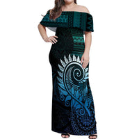 New Zealand Maori Koru Fern Off Shoulder Maxi Dress Spiral Polynesian Style Aqua Gradient LT05 Women Aqua - Polynesian Pride