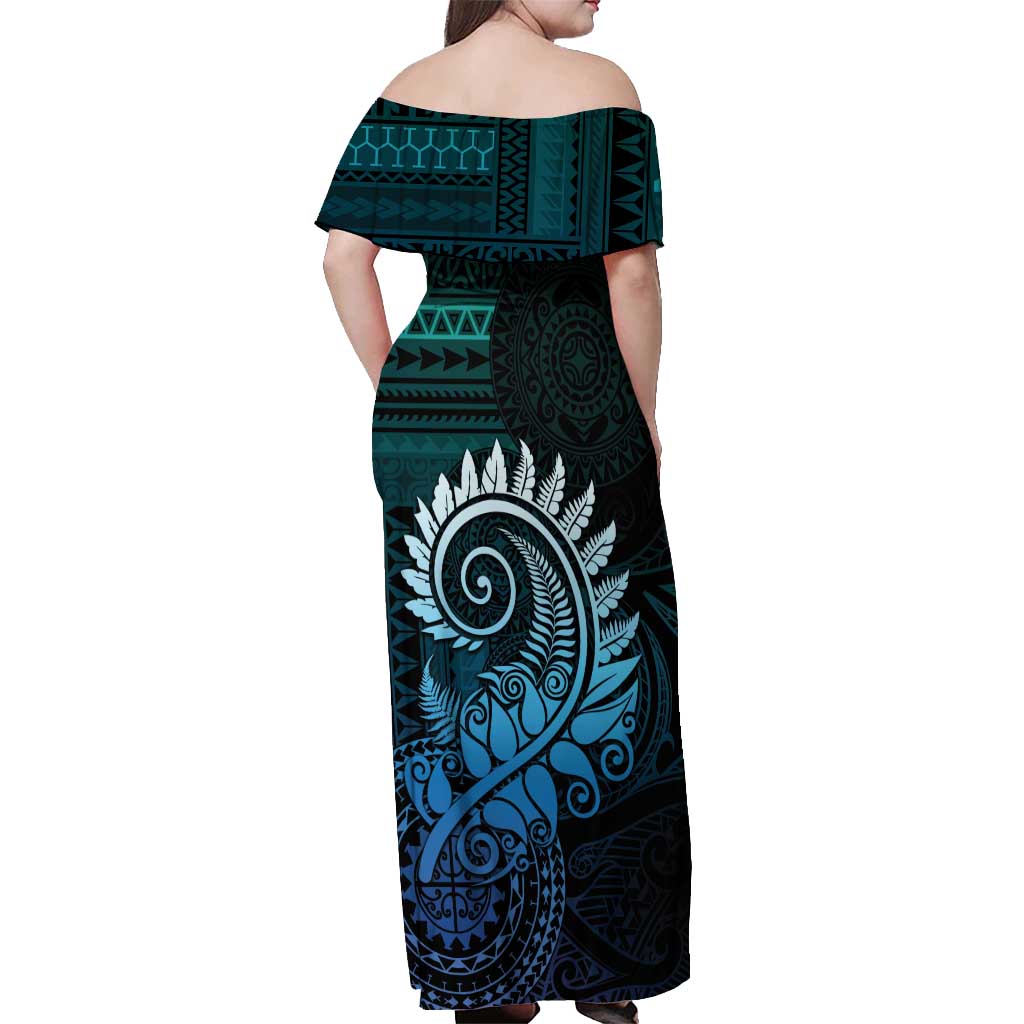 New Zealand Maori Koru Fern Off Shoulder Maxi Dress Spiral Polynesian Style Aqua Gradient LT05 - Polynesian Pride