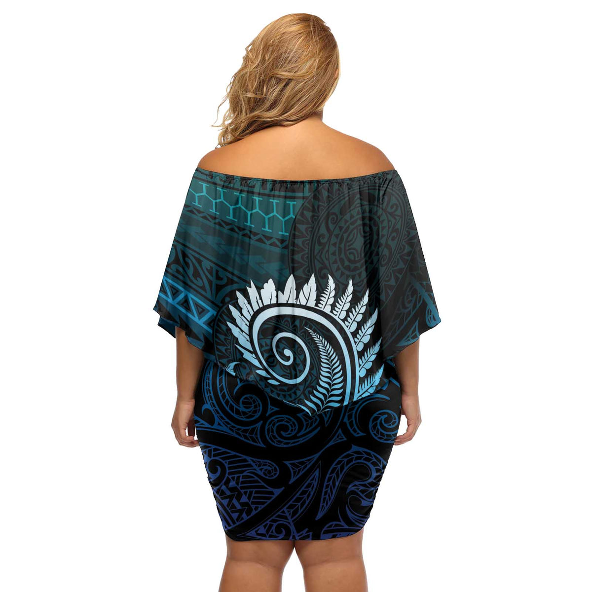 New Zealand Maori Koru Fern Off Shoulder Short Dress Spiral Polynesian Style Aqua Gradient LT05 - Polynesian Pride