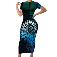 New Zealand Maori Koru Fern Short Sleeve Bodycon Dress Spiral Polynesian Style Aqua Gradient LT05 Long Dress Aqua - Polynesian Pride
