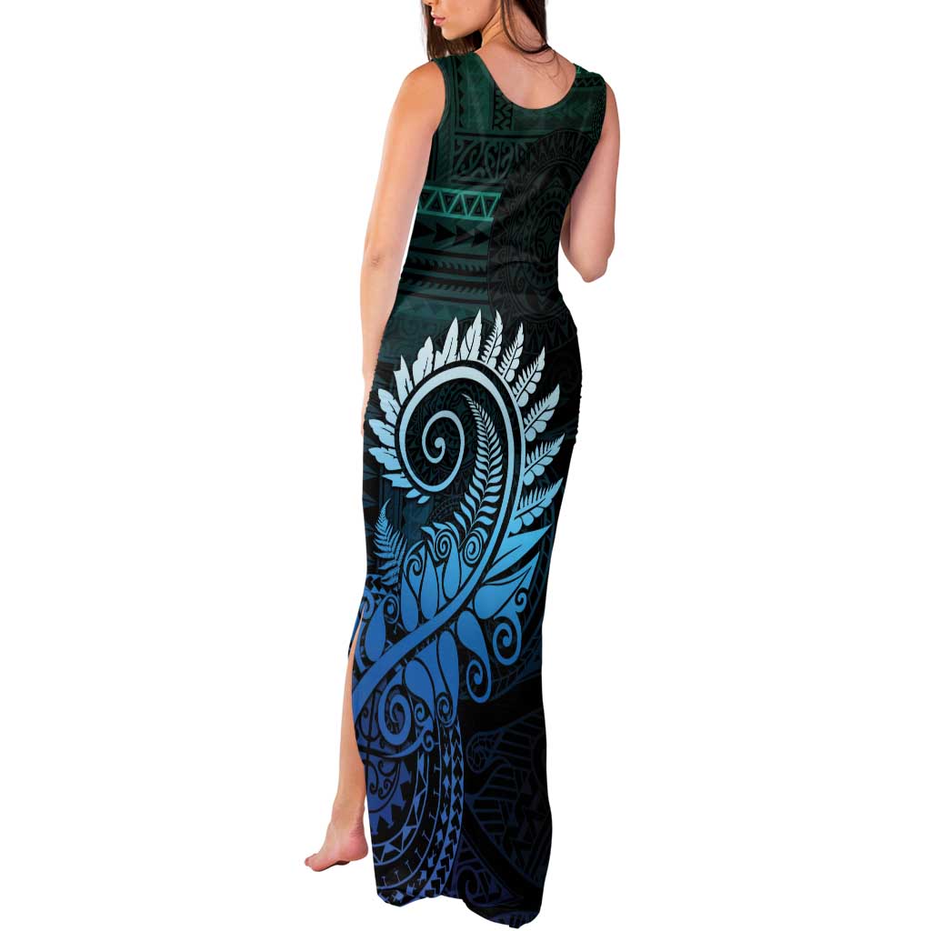 New Zealand Maori Koru Fern Tank Maxi Dress Spiral Polynesian Style Aqua Gradient LT05 - Polynesian Pride