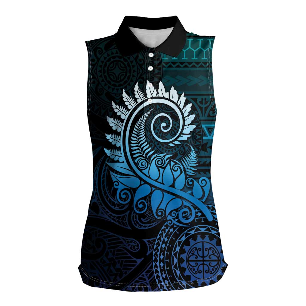 New Zealand Maori Koru Fern Women Sleeveless Polo Shirt Spiral Polynesian Style Aqua Gradient LT05 Female Aqua - Polynesian Pride