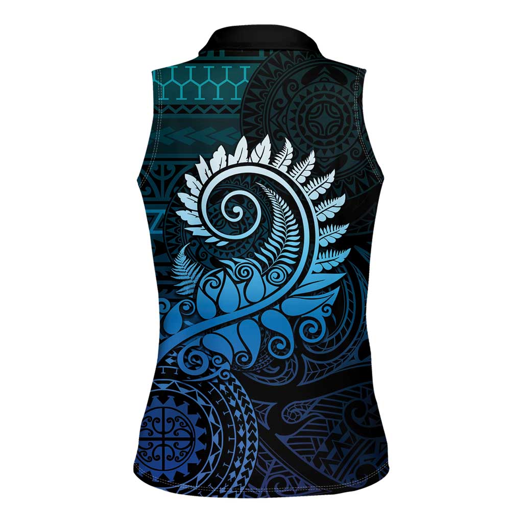 New Zealand Maori Koru Fern Women Sleeveless Polo Shirt Spiral Polynesian Style Aqua Gradient LT05 - Polynesian Pride