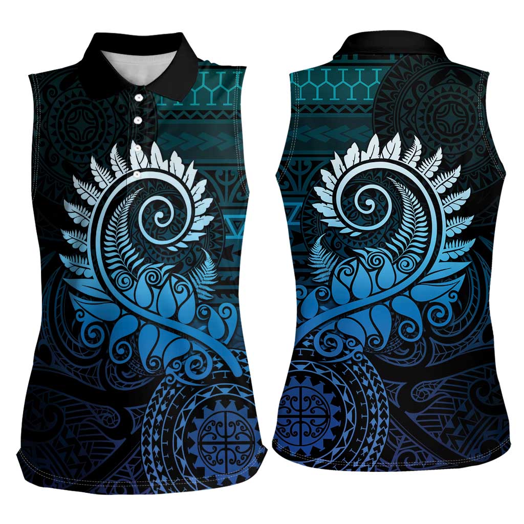 New Zealand Maori Koru Fern Women Sleeveless Polo Shirt Spiral Polynesian Style Aqua Gradient LT05 - Polynesian Pride