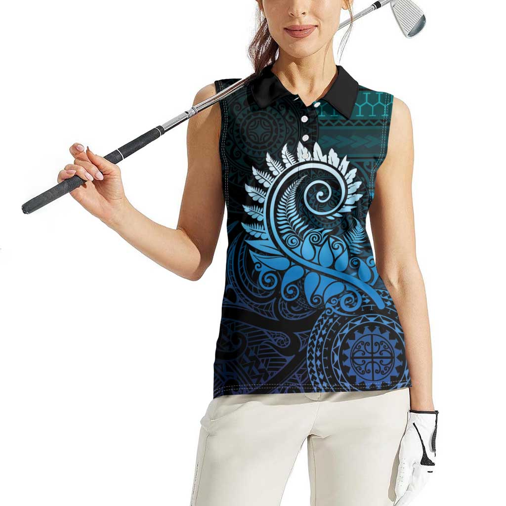 New Zealand Maori Koru Fern Women Sleeveless Polo Shirt Spiral Polynesian Style Aqua Gradient LT05 - Polynesian Pride
