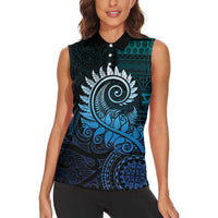 New Zealand Maori Koru Fern Women Sleeveless Polo Shirt Spiral Polynesian Style Aqua Gradient LT05 - Polynesian Pride