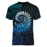New Zealand Maori Koru Fern Women V-Neck T-Shirt Spiral Polynesian Style Aqua Gradient LT05 - Polynesian Pride