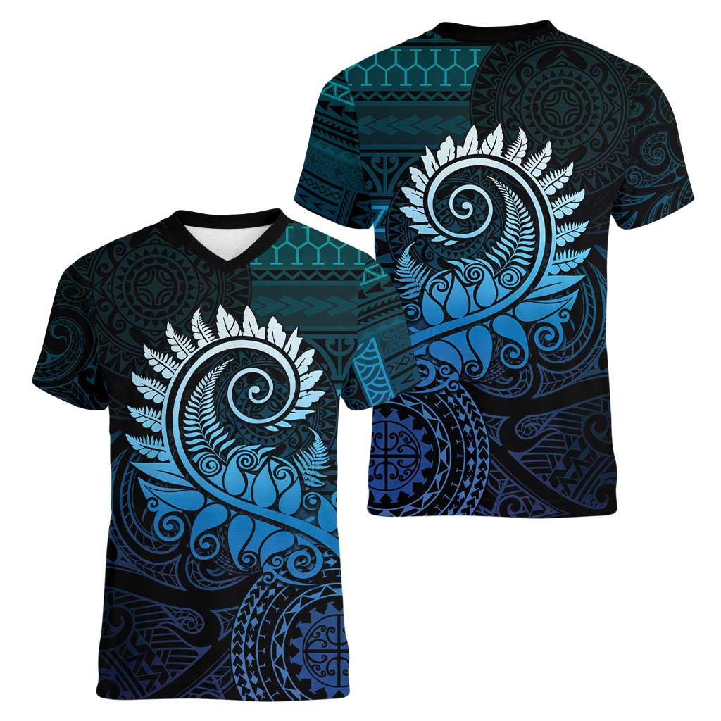 New Zealand Maori Koru Fern Women V-Neck T-Shirt Spiral Polynesian Style Aqua Gradient LT05 - Polynesian Pride