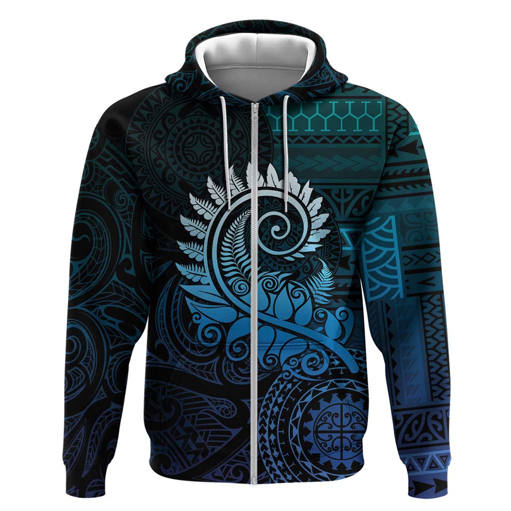 New Zealand Maori Koru Fern Zip Hoodie Spiral Polynesian Style Aqua Gradient LT05 Zip Hoodie Aqua - Polynesian Pride
