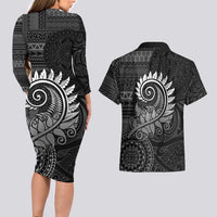 New Zealand Maori Koru Fern Couples Matching Long Sleeve Bodycon Dress and Hawaiian Shirt Spiral Polynesian Style Gray LT05 - Polynesian Pride