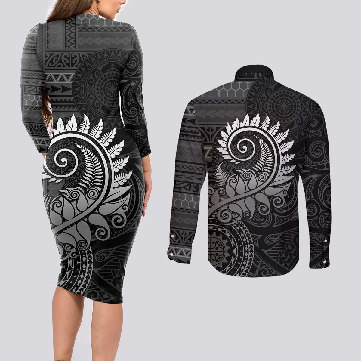 New Zealand Maori Koru Fern Couples Matching Long Sleeve Bodycon Dress and Long Sleeve Button Shirt Spiral Polynesian Style Gray LT05 - Polynesian Pride