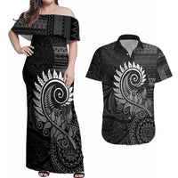 New Zealand Maori Koru Fern Couples Matching Off Shoulder Maxi Dress and Hawaiian Shirt Spiral Polynesian Style Gray LT05 Gray - Polynesian Pride