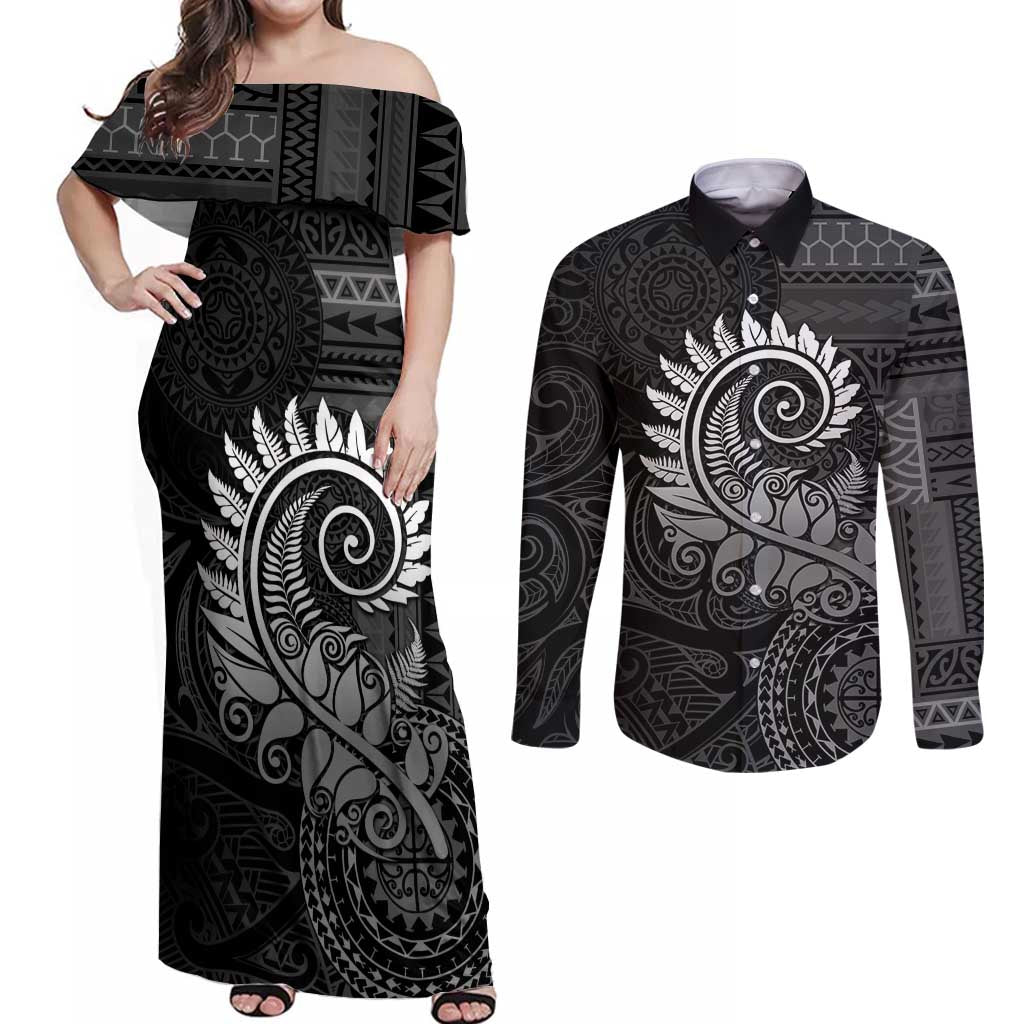 New Zealand Maori Koru Fern Couples Matching Off Shoulder Maxi Dress and Long Sleeve Button Shirt Spiral Polynesian Style Gray LT05 Gray - Polynesian Pride