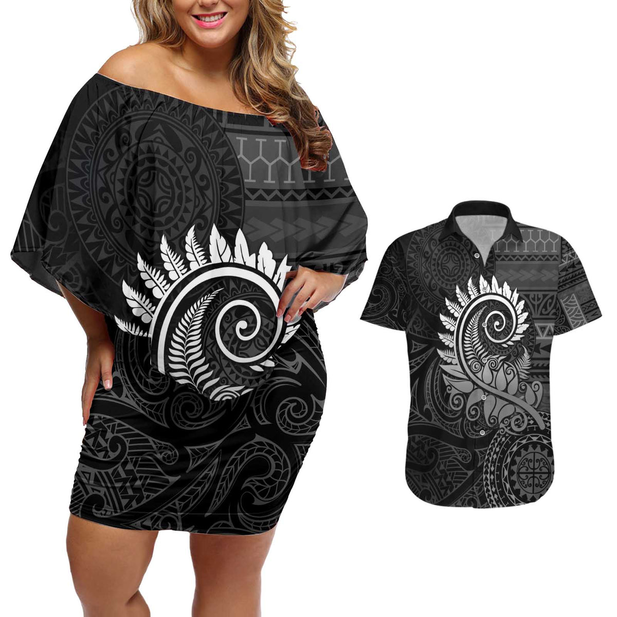 New Zealand Maori Koru Fern Couples Matching Off Shoulder Short Dress and Hawaiian Shirt Spiral Polynesian Style Gray LT05 Gray - Polynesian Pride