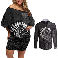 New Zealand Maori Koru Fern Couples Matching Off Shoulder Short Dress and Long Sleeve Button Shirt Spiral Polynesian Style Gray LT05 Gray - Polynesian Pride