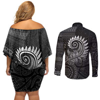 New Zealand Maori Koru Fern Couples Matching Off Shoulder Short Dress and Long Sleeve Button Shirt Spiral Polynesian Style Gray LT05 - Polynesian Pride