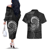 New Zealand Maori Koru Fern Couples Matching Off The Shoulder Long Sleeve Dress and Hawaiian Shirt Spiral Polynesian Style Gray LT05 - Polynesian Pride
