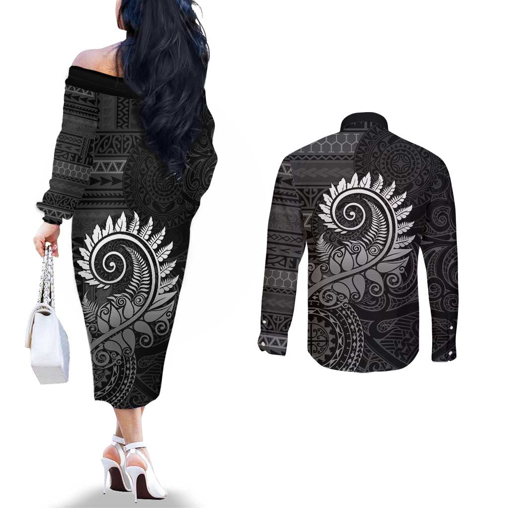 New Zealand Maori Koru Fern Couples Matching Off The Shoulder Long Sleeve Dress and Long Sleeve Button Shirt Spiral Polynesian Style Gray LT05 - Polynesian Pride