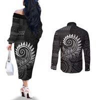 New Zealand Maori Koru Fern Couples Matching Off The Shoulder Long Sleeve Dress and Long Sleeve Button Shirt Spiral Polynesian Style Gray LT05 - Polynesian Pride