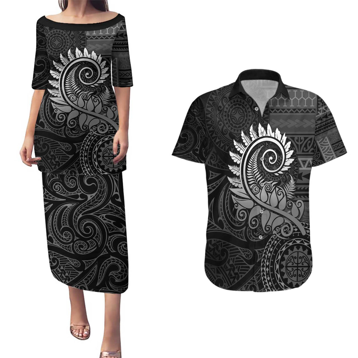 New Zealand Maori Koru Fern Couples Matching Puletasi and Hawaiian Shirt Spiral Polynesian Style Gray LT05 Gray - Polynesian Pride