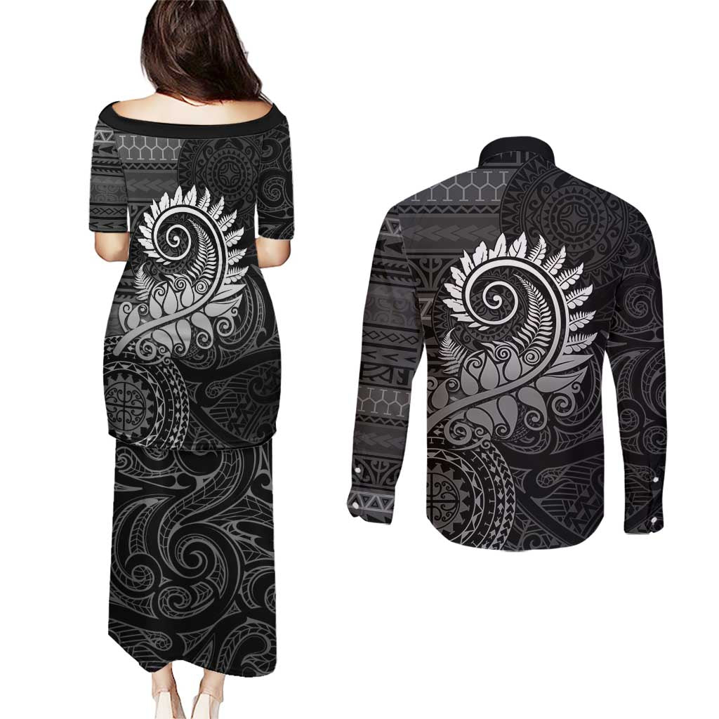 New Zealand Maori Koru Fern Couples Matching Puletasi and Long Sleeve Button Shirt Spiral Polynesian Style Gray LT05 - Polynesian Pride