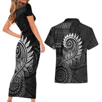 New Zealand Maori Koru Fern Couples Matching Short Sleeve Bodycon Dress and Hawaiian Shirt Spiral Polynesian Style Gray LT05 - Polynesian Pride