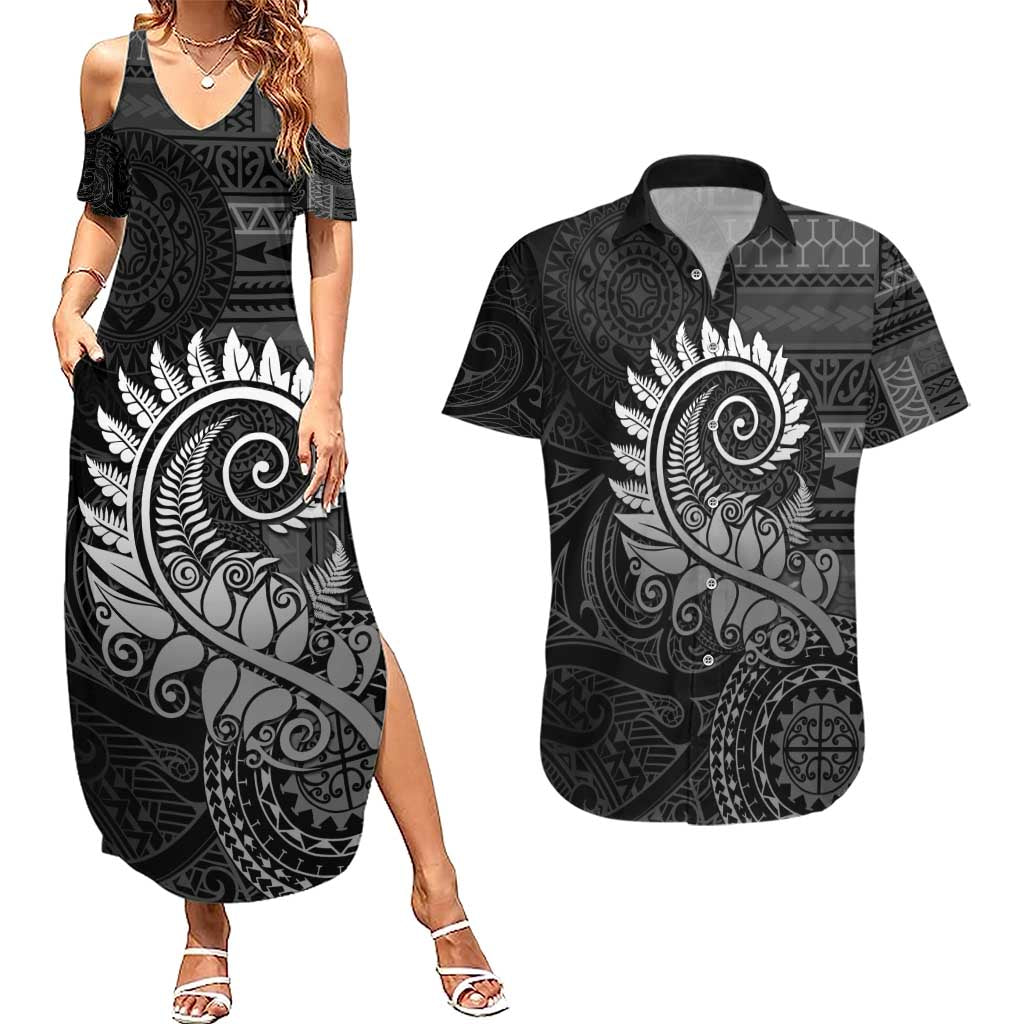New Zealand Maori Koru Fern Couples Matching Summer Maxi Dress and Hawaiian Shirt Spiral Polynesian Style Gray LT05 Gray - Polynesian Pride