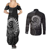 New Zealand Maori Koru Fern Couples Matching Summer Maxi Dress and Long Sleeve Button Shirt Spiral Polynesian Style Gray LT05 - Polynesian Pride